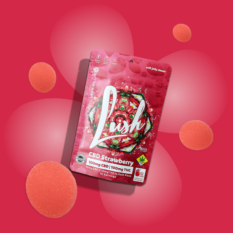 CBD THC 1:1 strawberry soft jelly chews packaging with strawberries on a pink background with floating jelly candies.