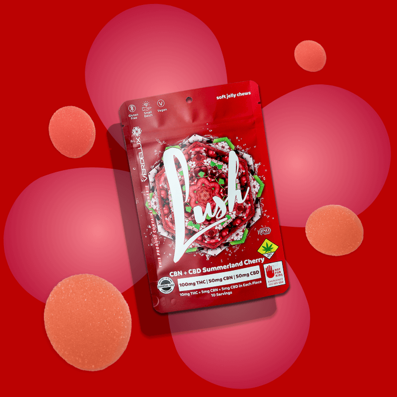 Red packaging of a gummy product called 'Lush' with a summer cherry flavor, displaying CBD, CBN and THC information, placed on a red background with pink jellies floiting around package.