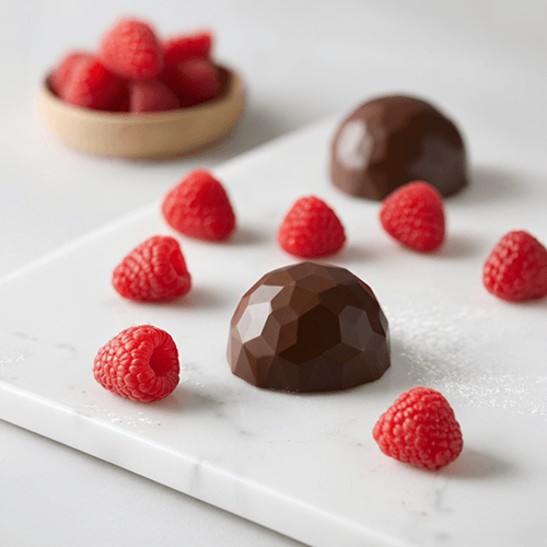 Bon Bombs raspberry flavored solid Chocolate edible surrounded by fresh raspberries on a white surface, with a small bowl of raspberries in the background.