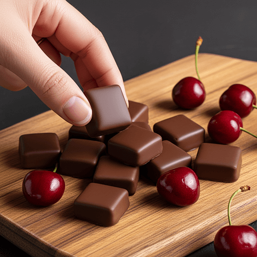 Hand reaching to pick up a square of meltaway cherry amaretto chocolate thc cbd truffle, with more chocolates and cherries on a wooden board.