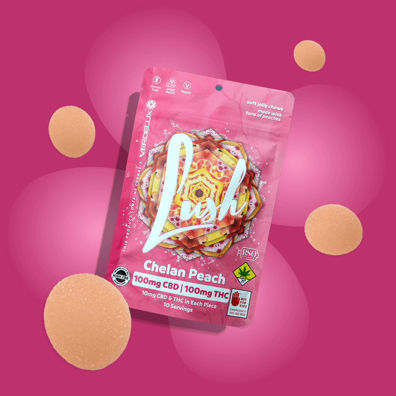 Pink package of Lush Chelan Peach soft jelly chews, featuring a colorful, geometric pattern on the front, with floating peach-colored gummies around it, set against a pink background.
