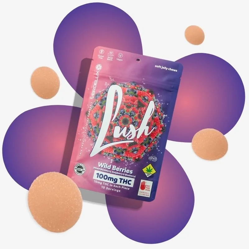 Packaging of Lush 100mg THC wild berries soft jelly chews with purple and pink design, surrounded by purple and beige circles.