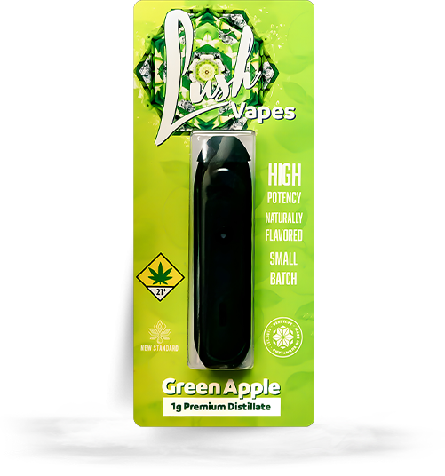 Green Apple flavored THC vape cartridge in black pen-style device on green packaging with cannabis symbol and text promoting high potency, natural flavor, small batch, and premium distillate.