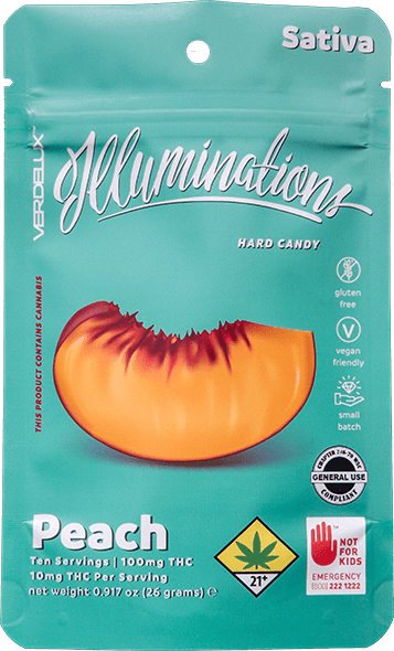 A teal resealable bag of Verdelux Illuminations Peach hard candy with sativa strain, THC content, and vegan and gluten-free labels.