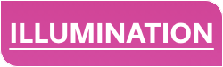 Pink rectangular sign with white block text that reads 'ILLUMINATION'.