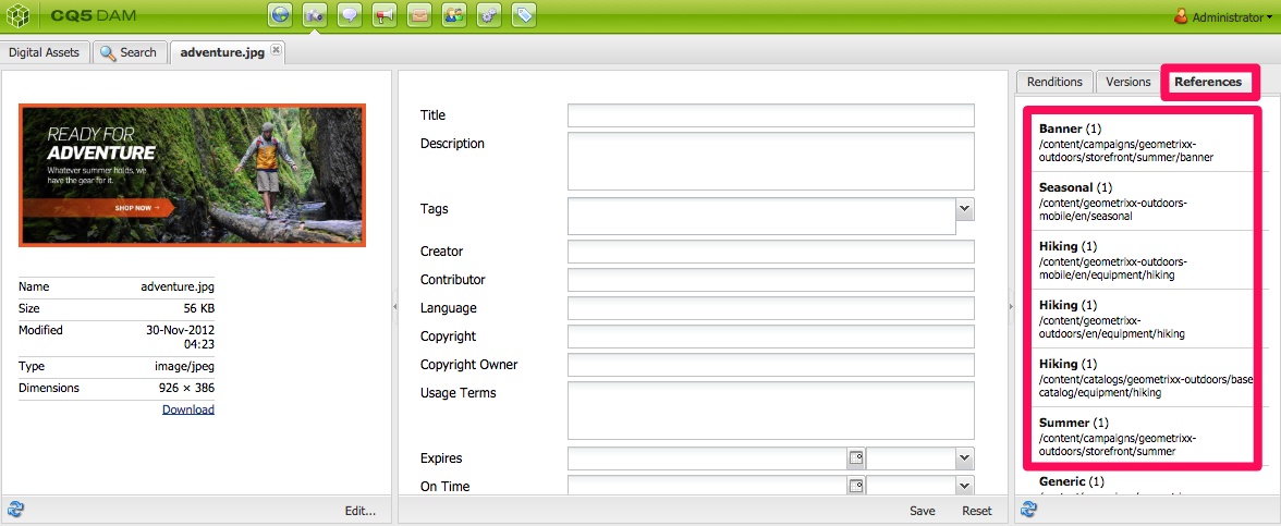 AEM's Asset Editor with "References" tab.