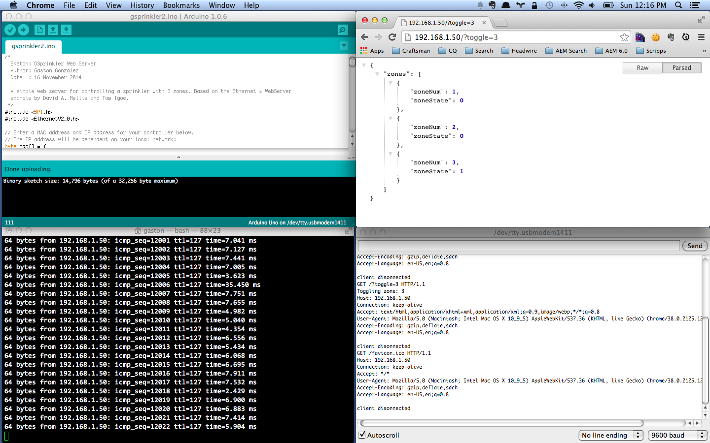 1) Upper left - Ardunio 'gsprinkler2.ino' sketch, 2) Upper right - JSON response from embedded web server, 3) Bottom left - ping to Arduino, 4) Bottom right - Serial console for debugging HTTP requests