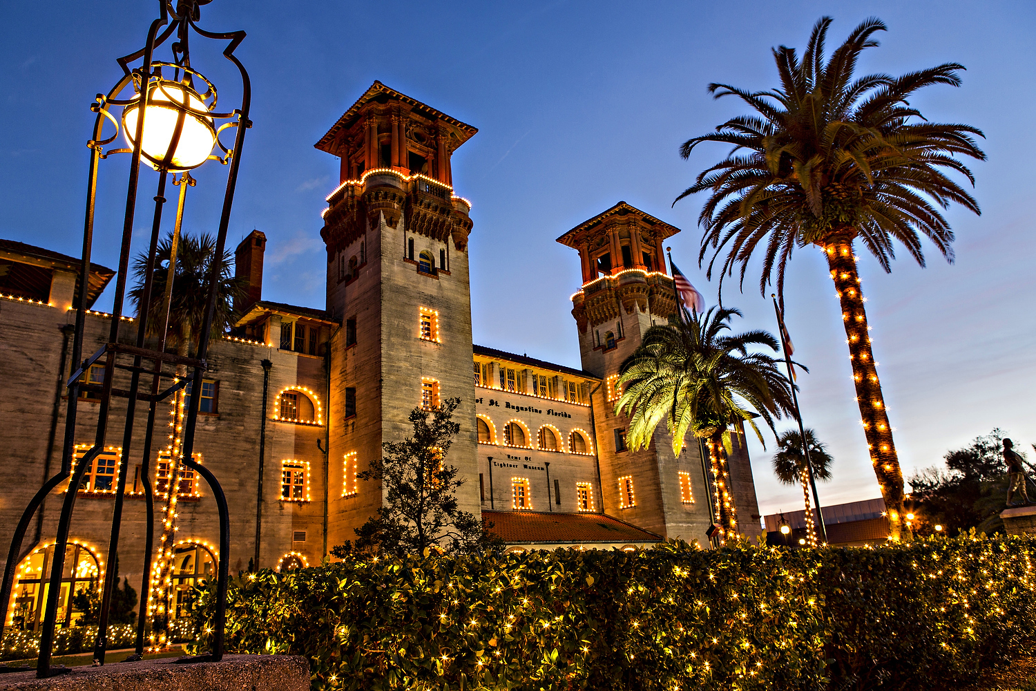  Christmas lights decorate the Lightner Museum in St. Augustine, Florida. The building was originally the Alcazar Hotel. 