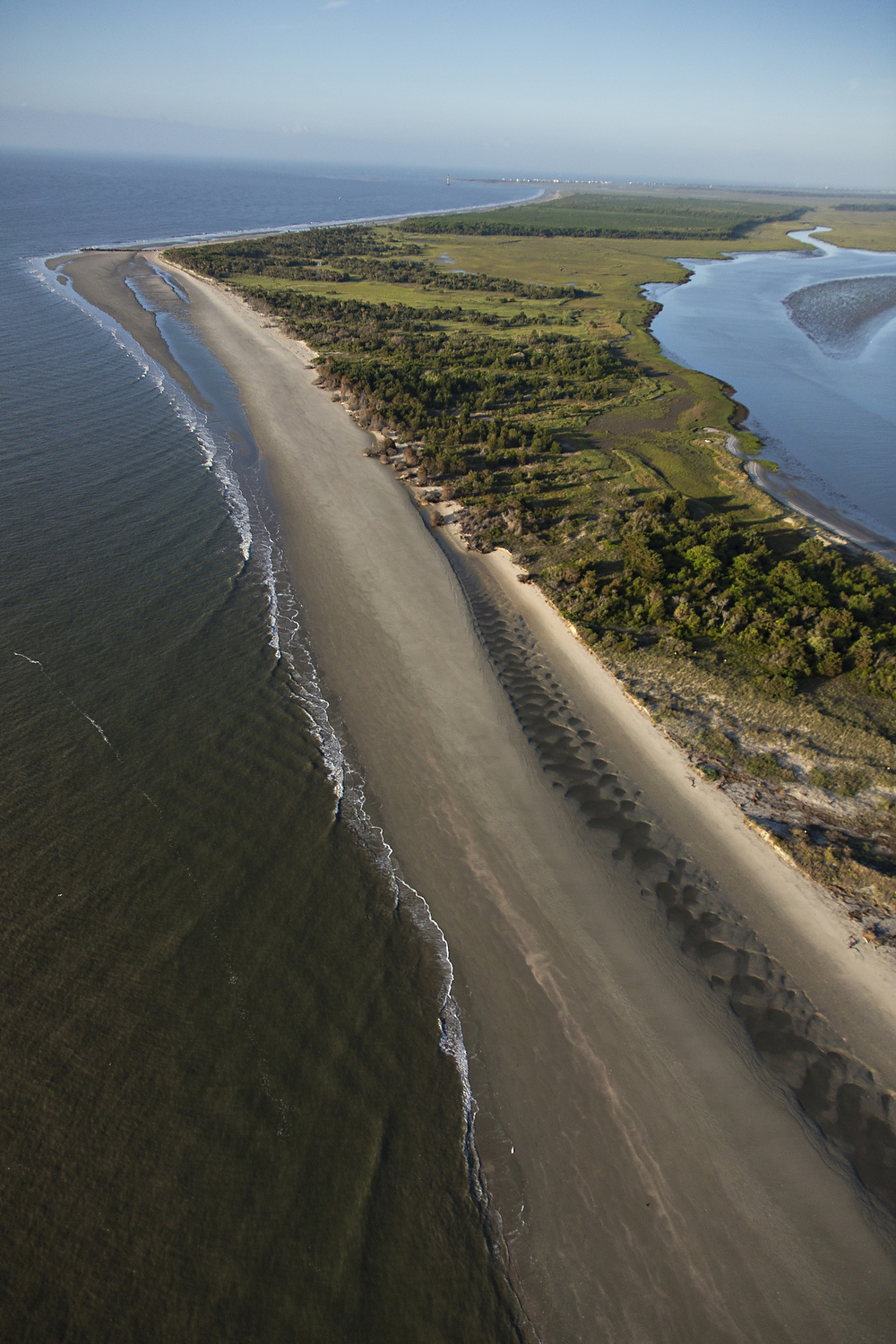  Aerial view of the beach and coastline of Morris Island in Charleston, South Carolina 