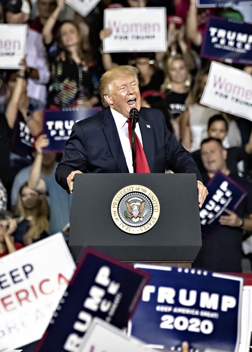  U.S. President Donald Trump addresses supporters at a campaign rally in the Williams Arena on the campus of East Carolina University July 17, 2019 in Greenville, North Carolina.  