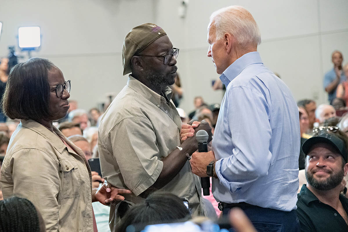  Former Vice President Joe Biden greets Tyrone and Felicia Sanders, during a town hall meeting at the International Longshoreman’s Association Hall July 7, 2019 in Charleston, South Carolina.  Felicia Sanders was a surviver of the Emanuel AME Church 