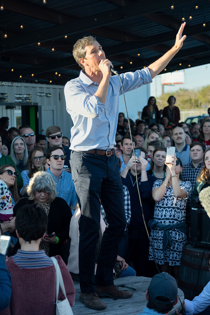  Democratic presidential hopeful Beto O’Rourke addresses supporters during a campaign stop at Tradesman Brewing Company March 22, 2019 in Charleston, South Carolina. South Carolina, called the First in the South, is the first southern democratic prim