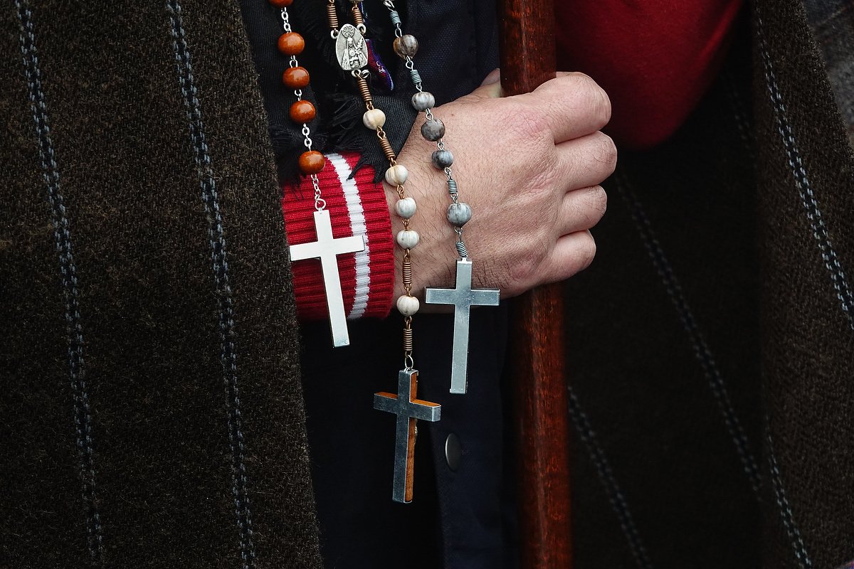  Christian crosses and rosary beads worn by Catholic pilgrims known as Romeiros, during their 8-day walk around the Azorean Island of Sao Miguel, March 25, 2023 in Calhetas, Portugal. The pilgrims visit 100 shrines and churches during the event datin