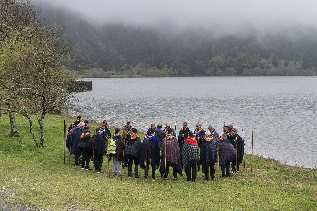  A Roman Catholic priest delivers a sermon to pilgrims called a Romeiros, on a misty day at the shore of Lake Furnas, March 30, 2023 in Lagoa das Furnãs, Portugal. The pilgrims visit 100 shrines and churches during their 8-day trek around the Azorean