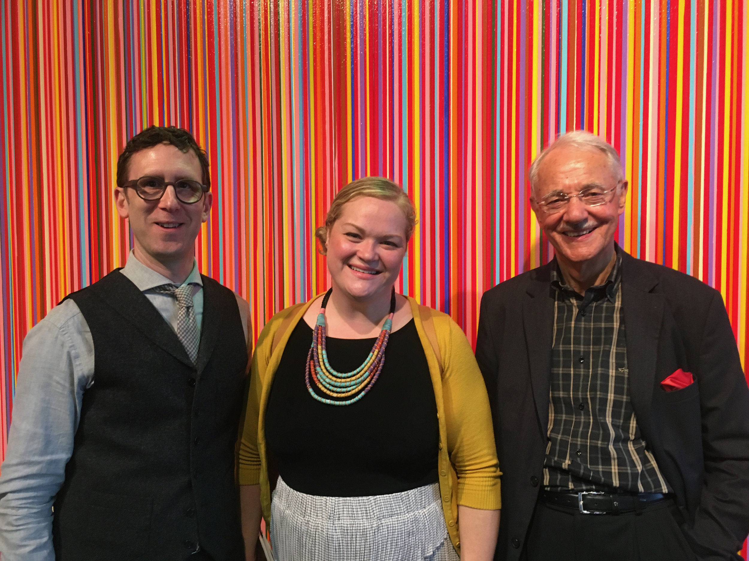  John Silvis, WSJ journalist Kelly Crow Hayes and Mr. Karlheinz Essl at The Armory Show NY Pier 92. Background: Work on canvas by Jun Kaneko 