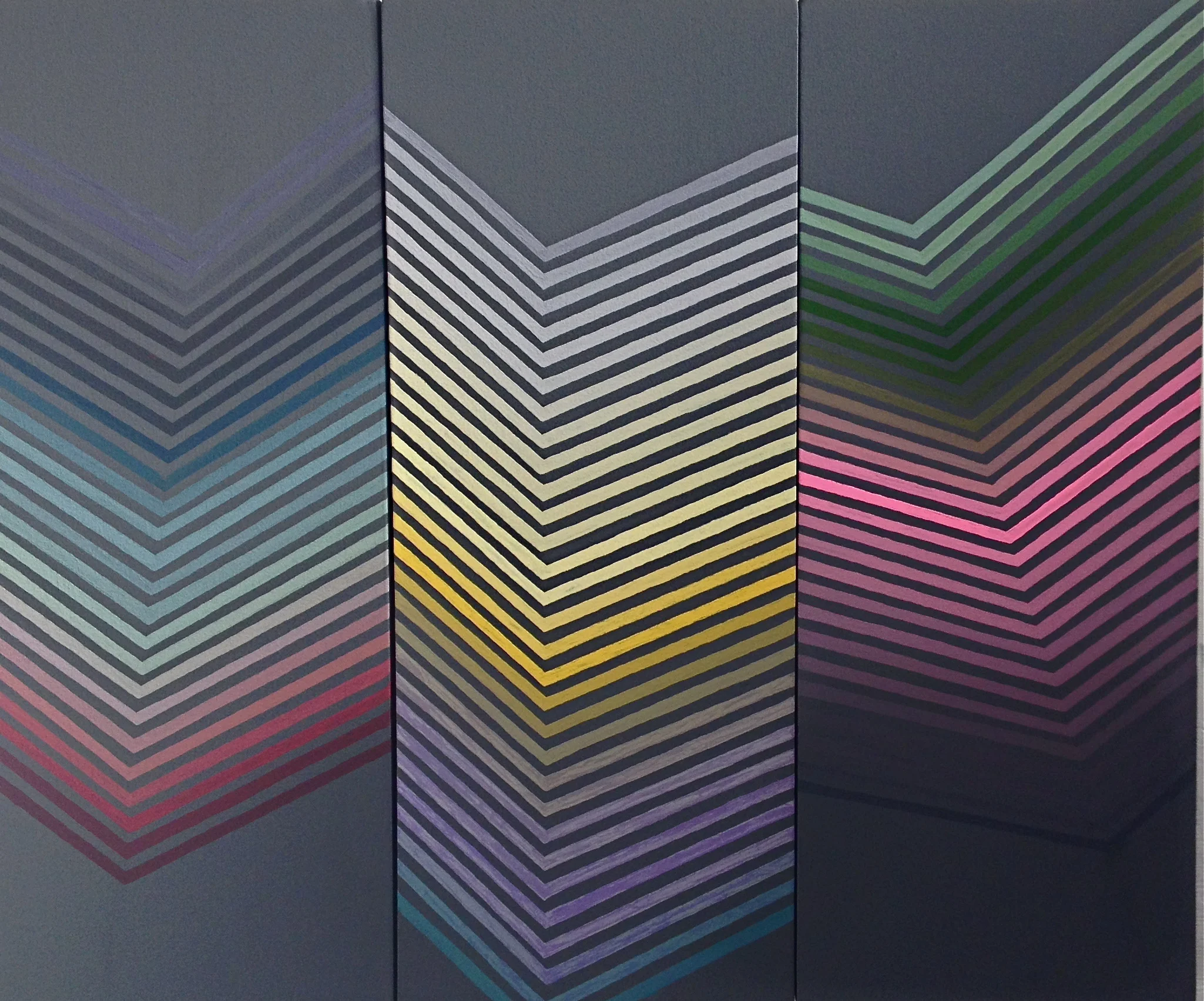   neon herringbone   gouache and matte black house paint on canvas  3 pieces, each 30"x12, roughly 30"x40" hung  2014  collection of Conger-Martin 