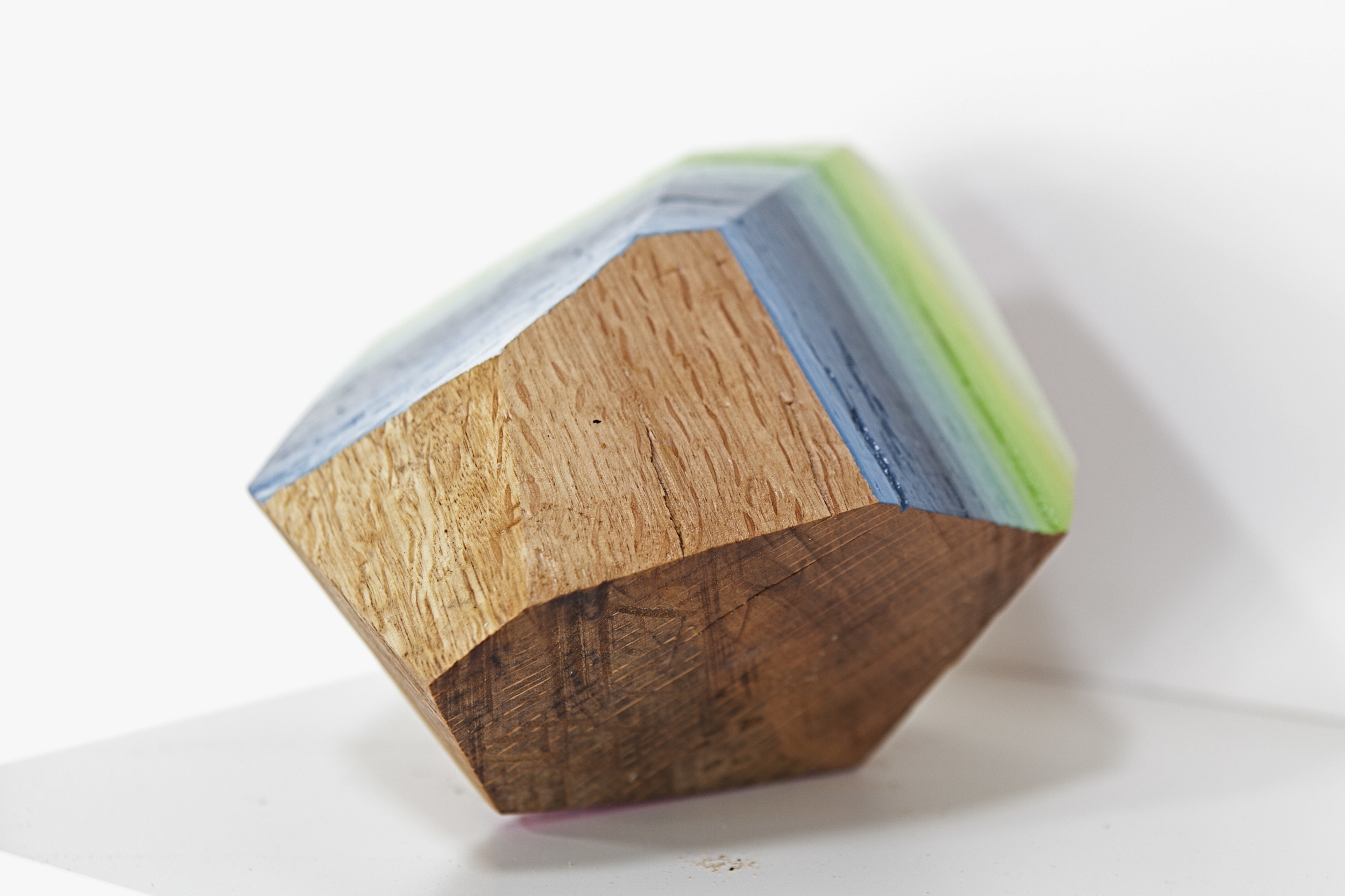 Woodrock (chartreuse through slate blue to white) oil on Coast Live Oak does not exceed 10" in any direction 2014 *(collection of C. Wills)