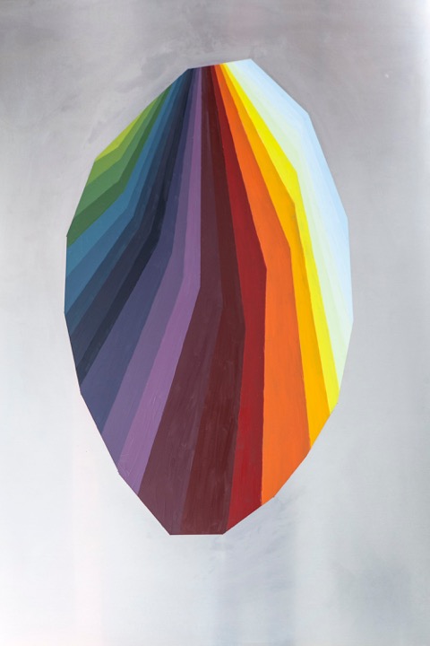 egg shaped geode form:light sap green to vapor blue oil on aluminum 48"x36" 2013 collection of Capital One Innovation Labs