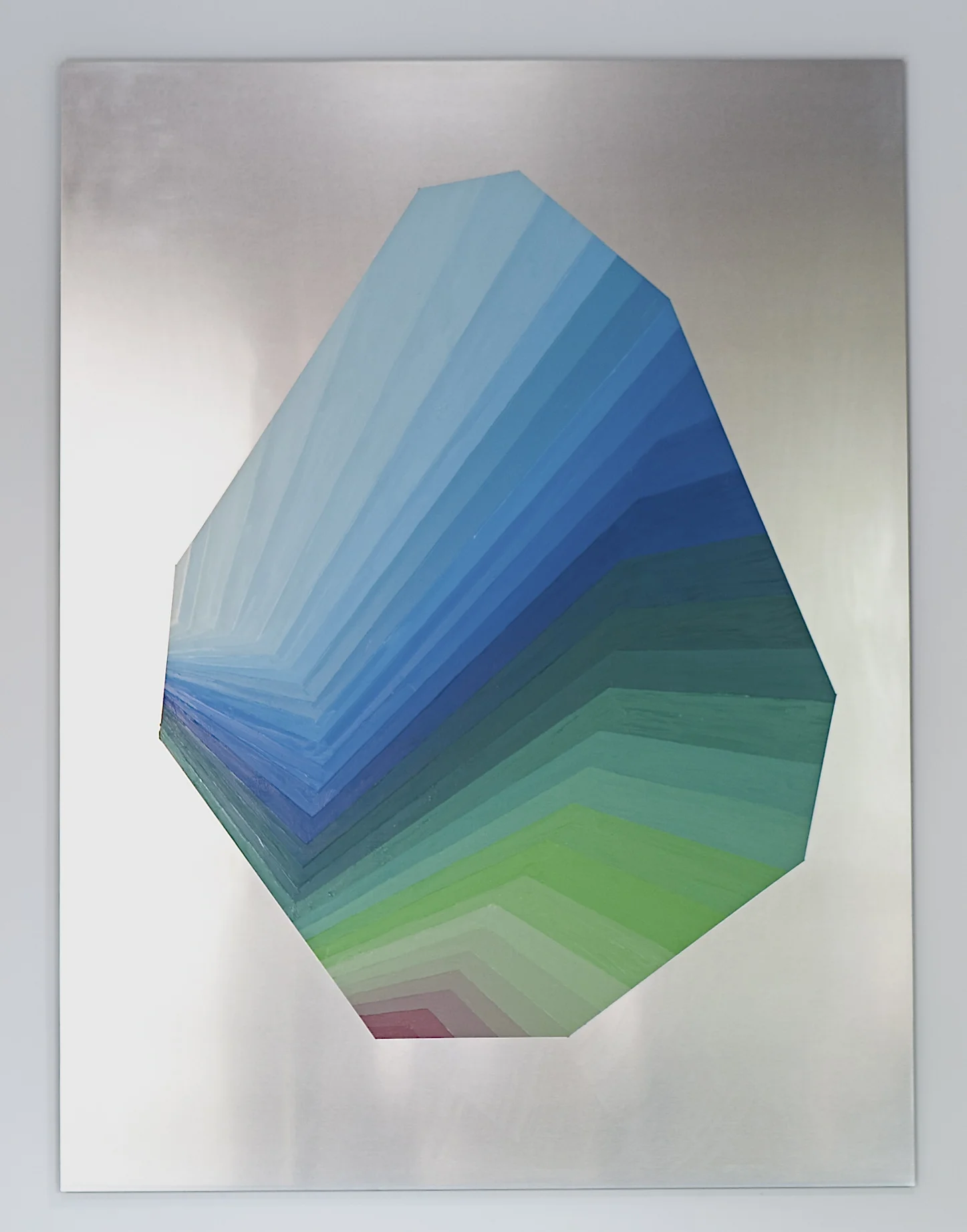 eight sided geode form with s-curve: silver to light coral oil on aluminum, 48"x36", 2013 Private Collection