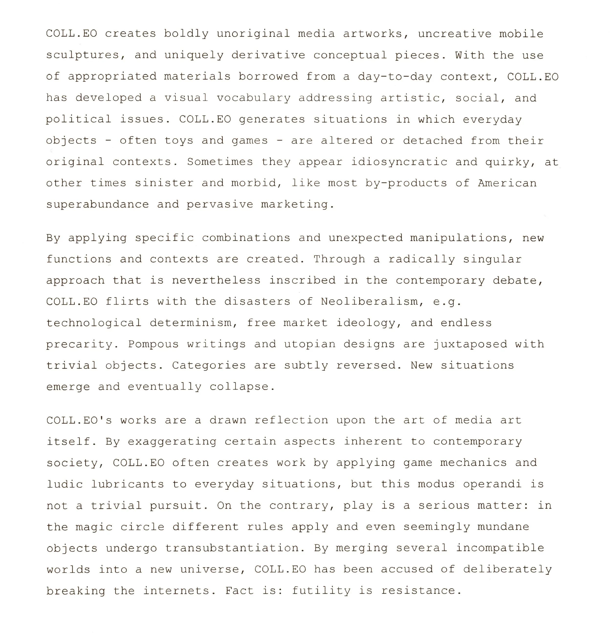 This artist statement was written by a bot. It was created with 500 letters. It changes at random intervals. 