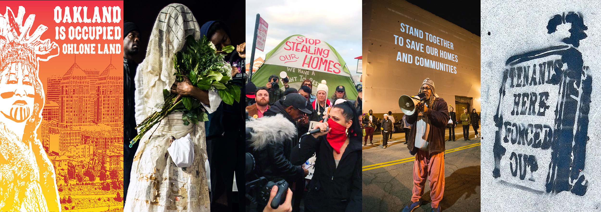 From left to right: Dignidad Rebelde, Amara T. Smith, Coalition on Homelessness, Oakland Against Displacement (temporary affinity group), stencil design by Zeph Fishlyn