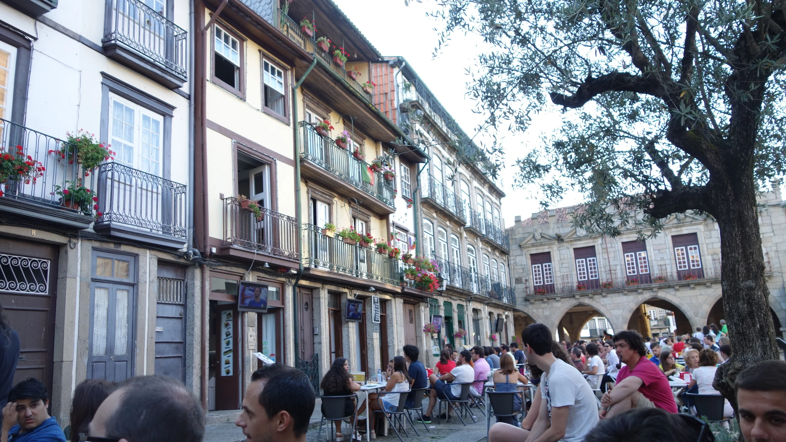 Town square in Guimaraes, the birthplace of Portugal, as we watch the 2014 FIFA World Cup Final, notice the TVs outside of every cafe