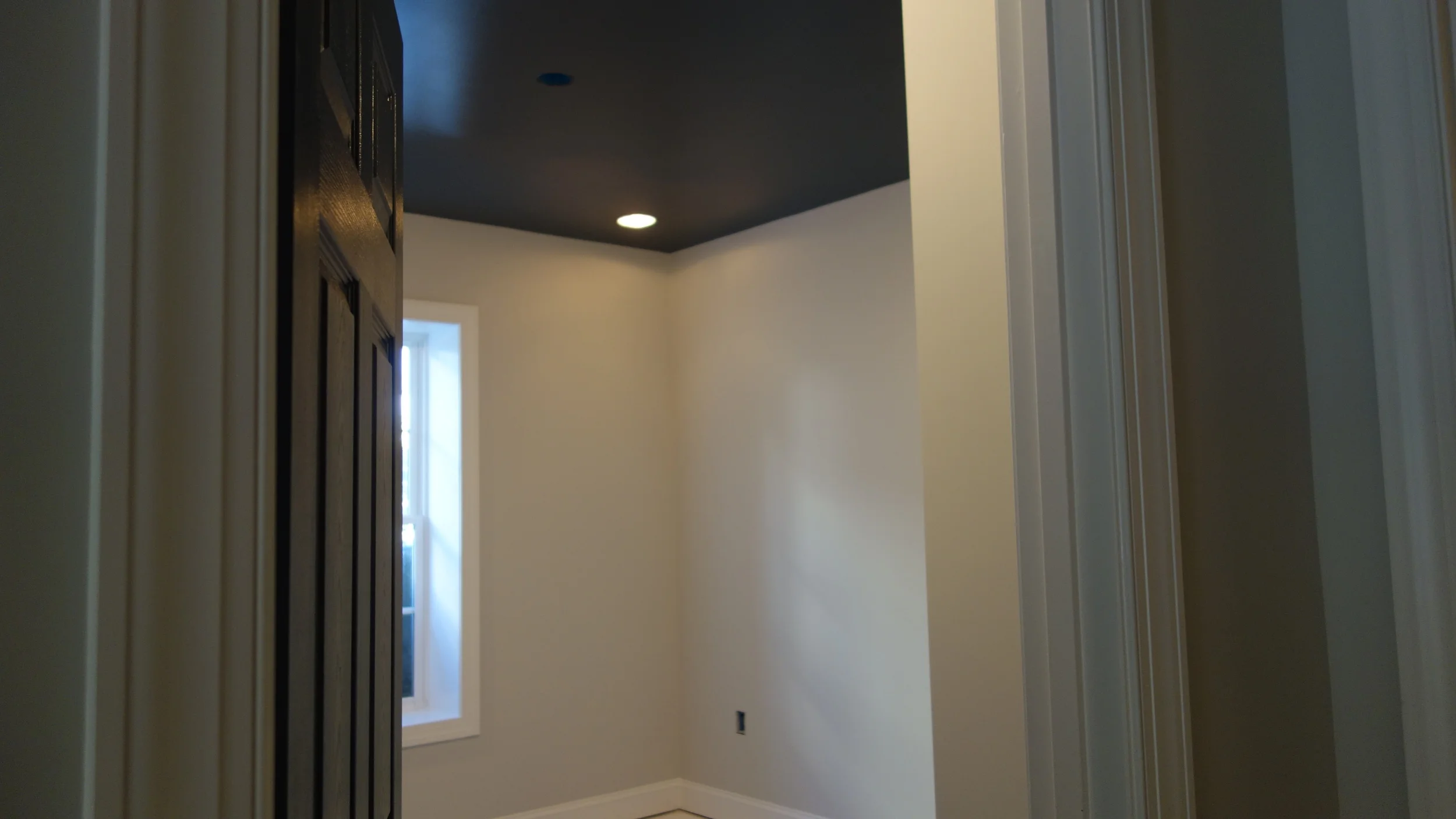 Dramatic hi-gloss paint on ceiling to make this jewel box room float