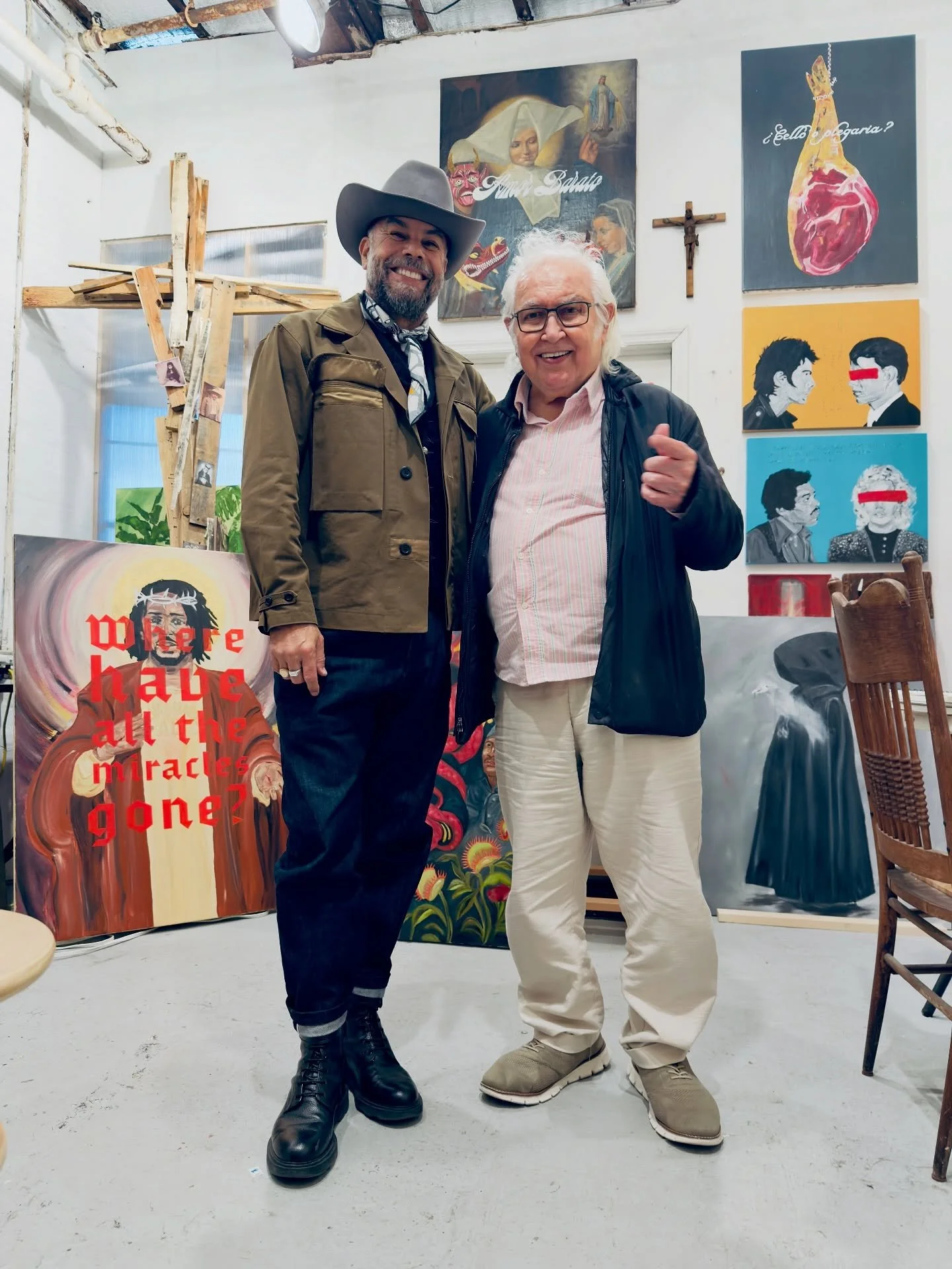 Today Tony Shafrazi walked into my studio like a rumor with a pulse. He touched the paintings the way astronomers touch constellations-not to claim them, but to see if they breathe.
We spoke of devils, voids, falling bodies, tiny rebellions of color.