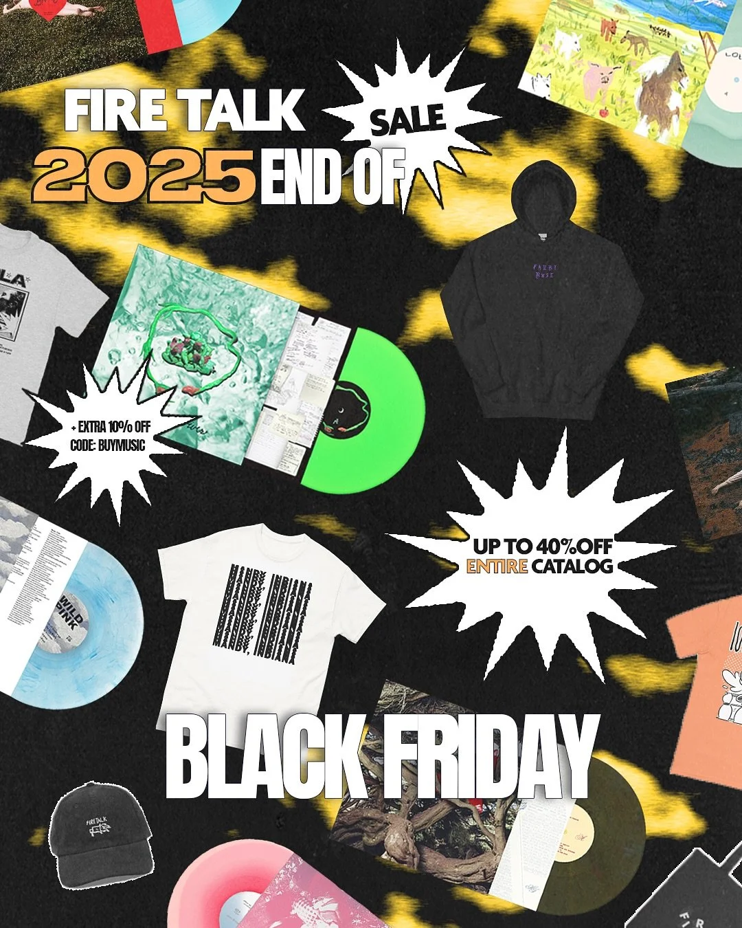 Throwing in some extra saving this Black Friday through the weekend. Take an extra 10% off any order w/ code: BUYMUSIC at check out. + best selling vinyl &amp; merch marked down even more. Shop Fire Talk now 🥂