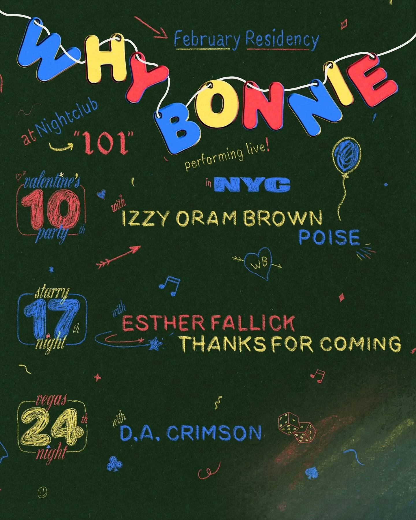 Just Announced ‼️ @whybonnie February residency at @night_club_101!!! each show will be a different
&ldquo;prom&rdquo; theme ~ snappy fits encouraged :) showcasing the new record + all the classics - tix for each night on sale now 🥂

2/10 ❤️ Valenti