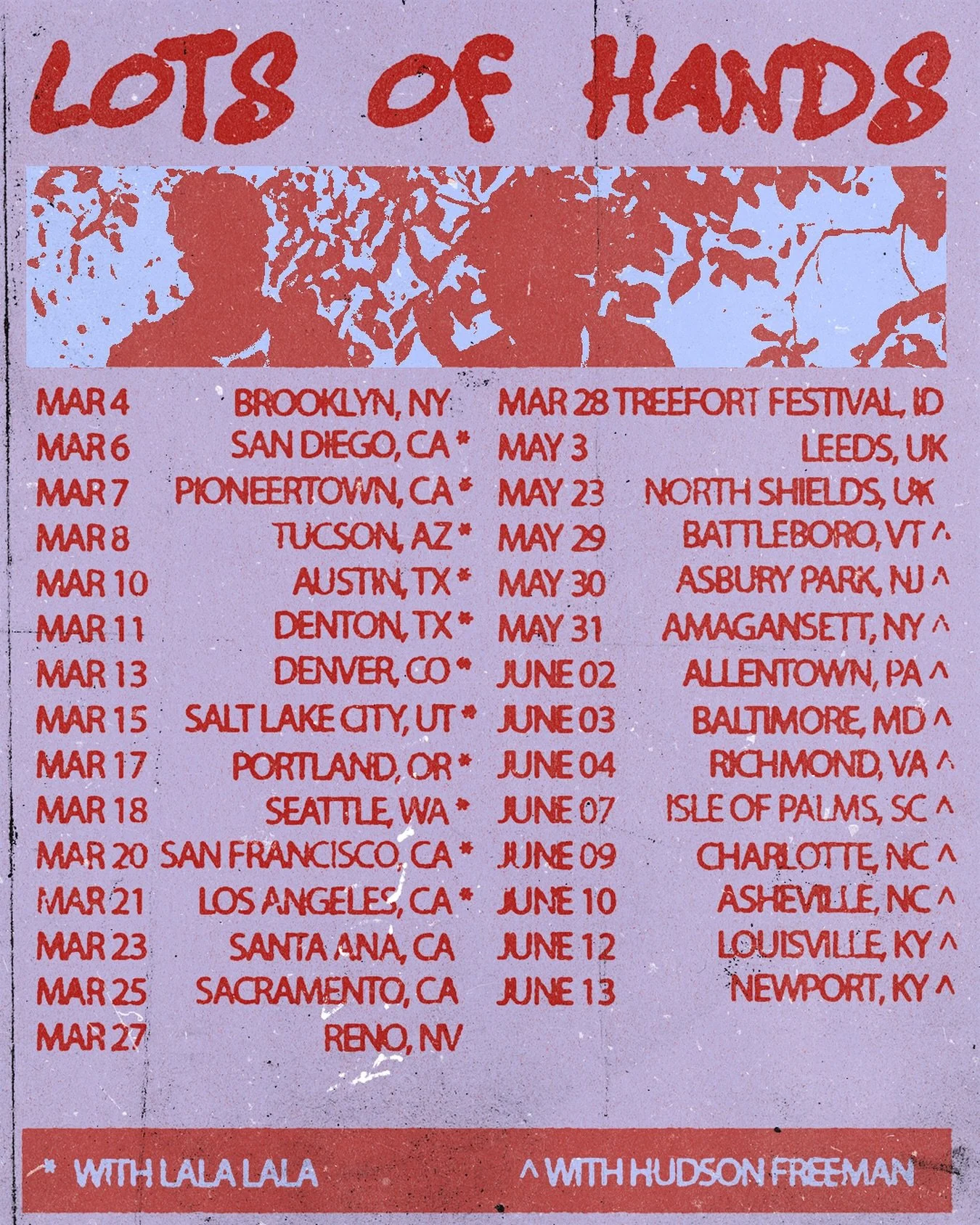 all the places you can find @lotsofhands in 2026 ~> US run starts this week in New York at @babysallright then shows out West with @lillielala_music, some festivals in the UK &amp; East Coast US w/ @thehuddog ~> all tickets are on sale now !!