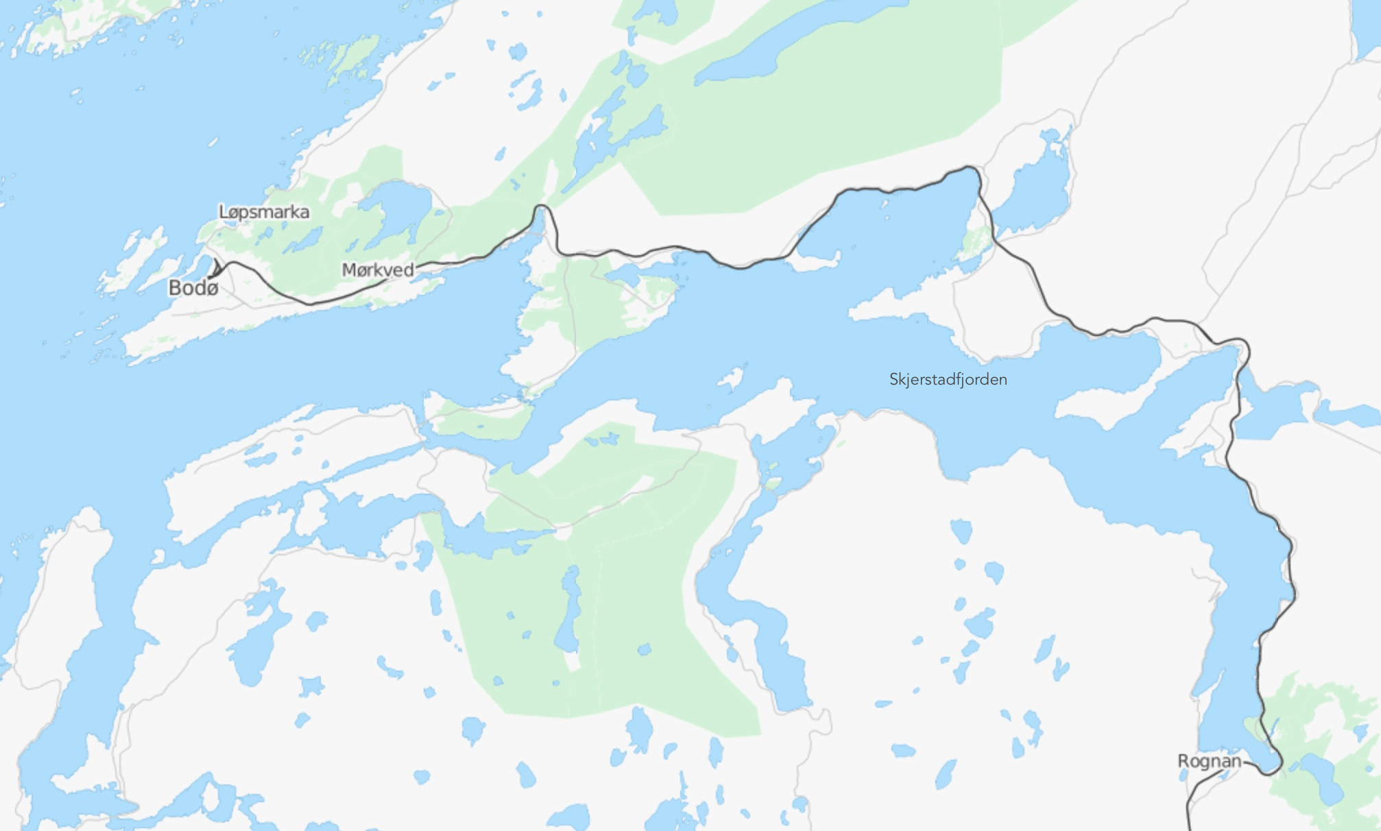 OpenStreetMaps showing the fjord, Skjerstadfjorden, which the train skirts on approach to Bodø