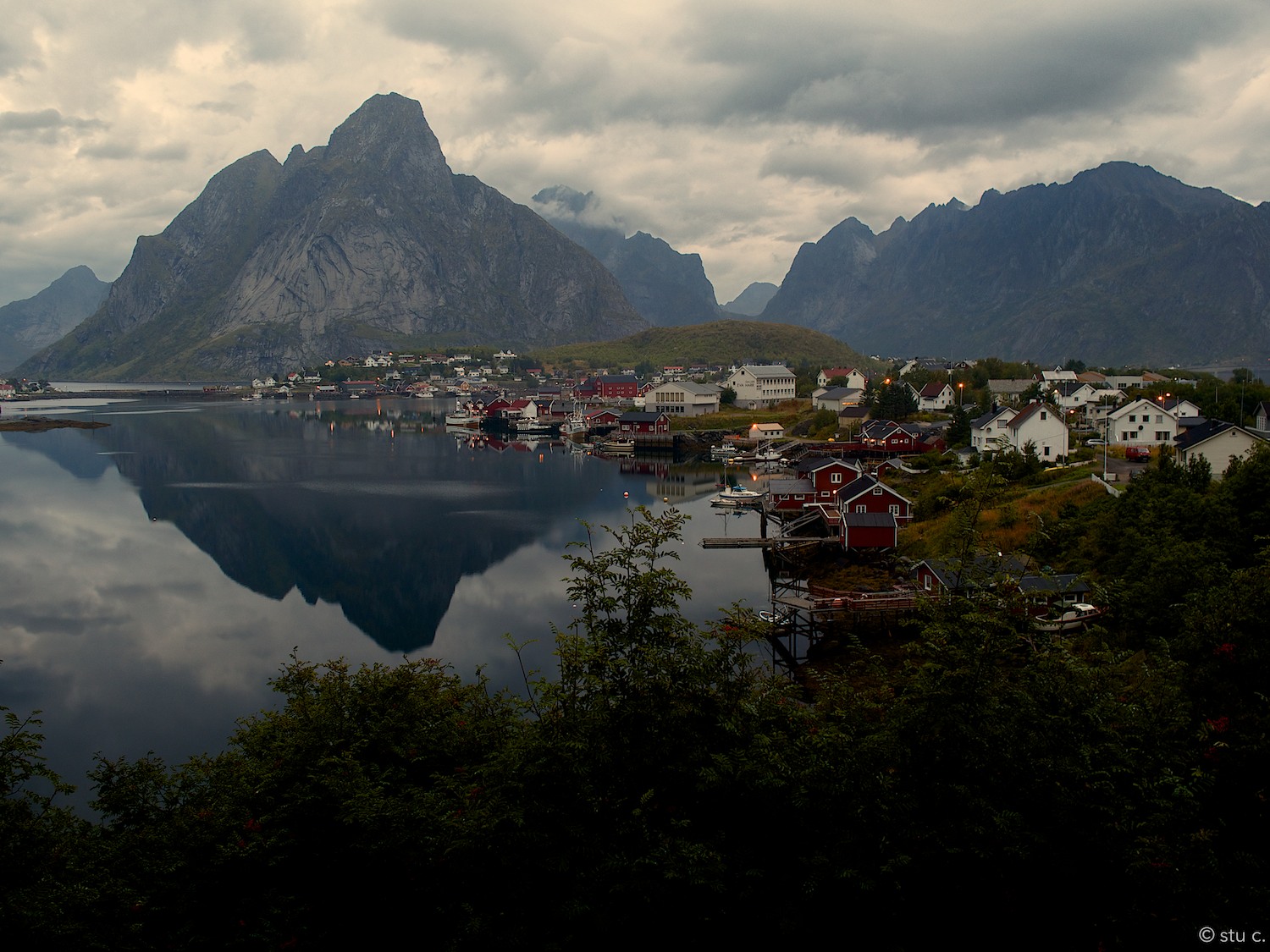 Early morning view back over the bay to the peninsula on which the town of Reine sits