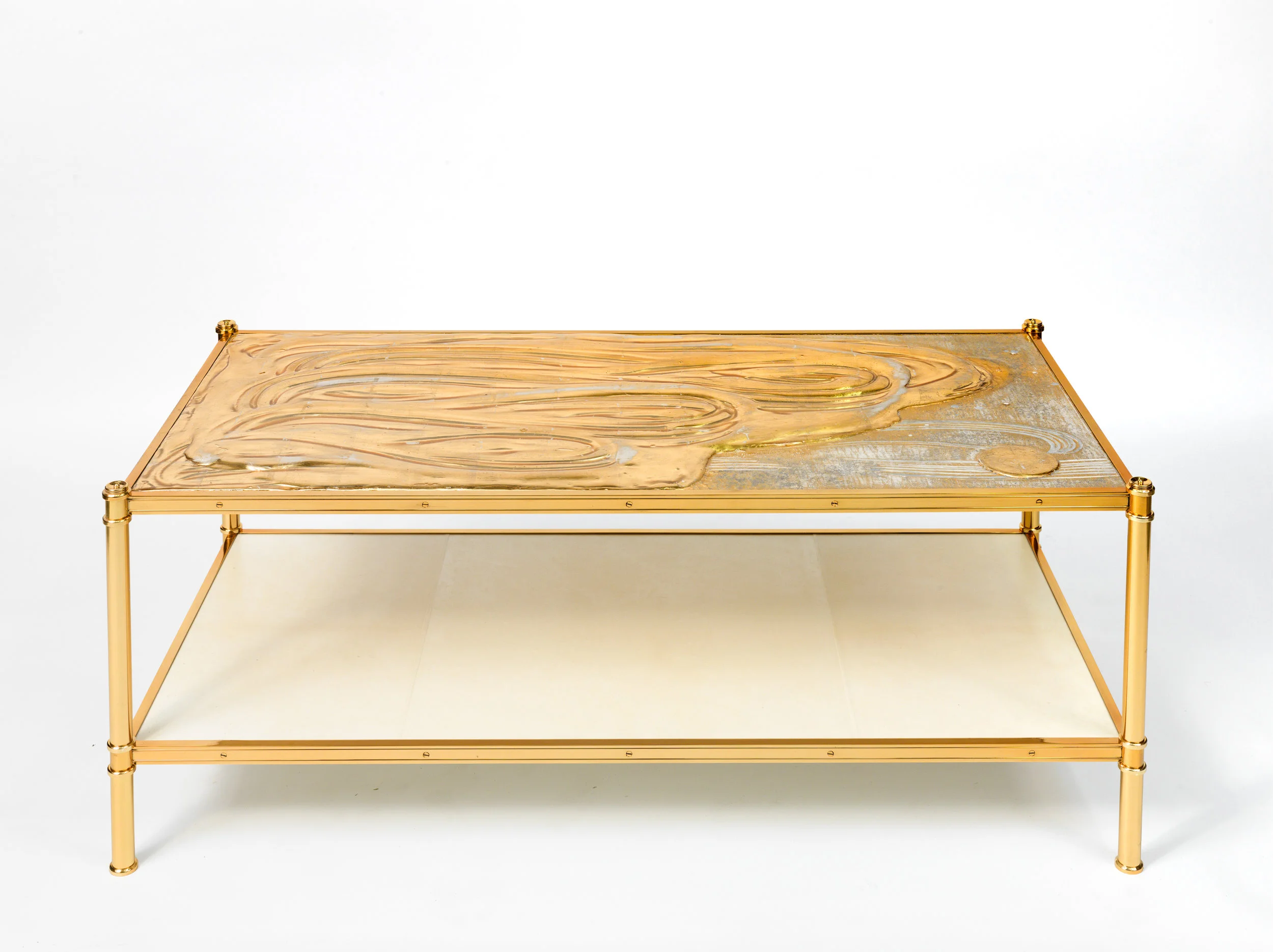 One of a pair of Cole Porter coffee tables by Victoria & Son for Alex Papachristidis featuring the work of Nancy Lorenz