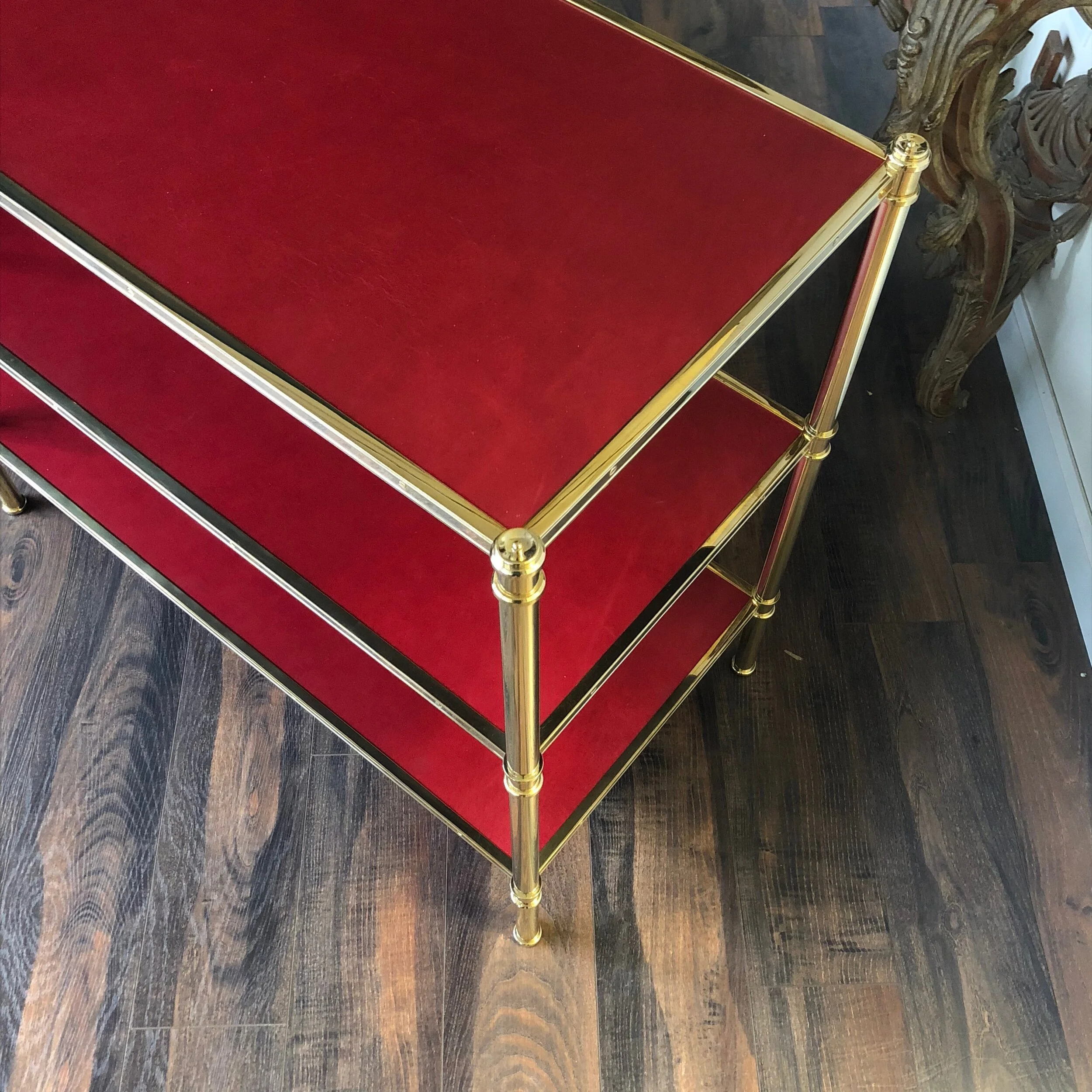 R801LE-Red-Leather-Shelves-Sofa-Table-Console-Low Etagere-Brass-Gold-Polished-Custom-Size-Finish.JPG