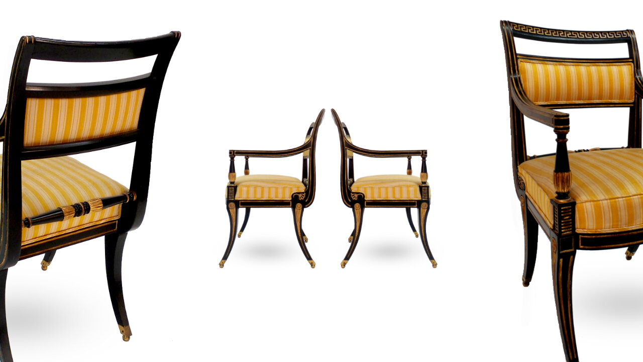 R118-Regency-style-sabre-leg-arm-chair-Paint-wood-finish-highlighted-with-metal-leaf-accents-Polished-brass-sabots-Victoria-&-Son-Gold-Black-Yellow-Arm-Posts-Greek-Key-Floral-Details-Rosettes-1.jpg