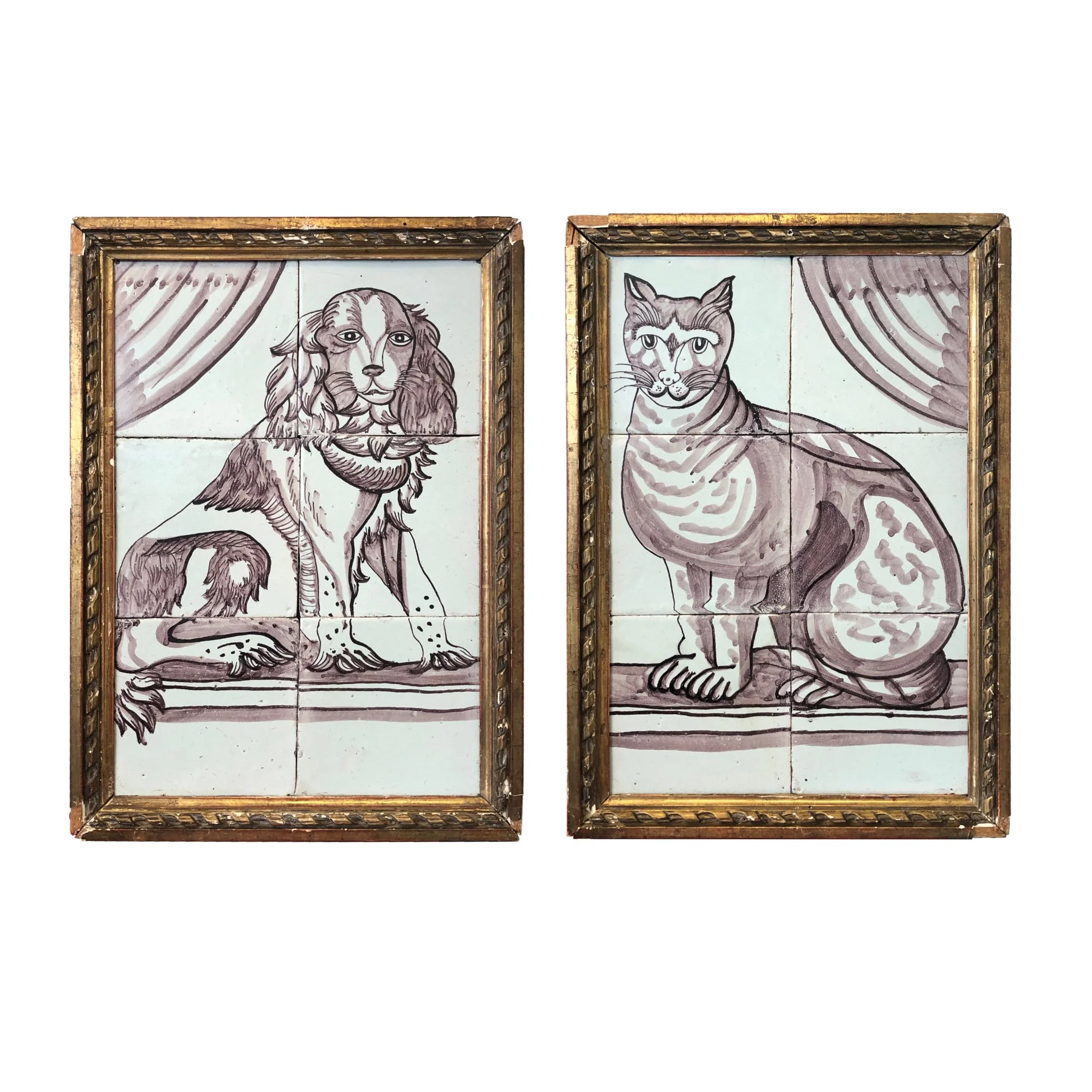 Pair of Delft Tile Pictures of Dog and Cat