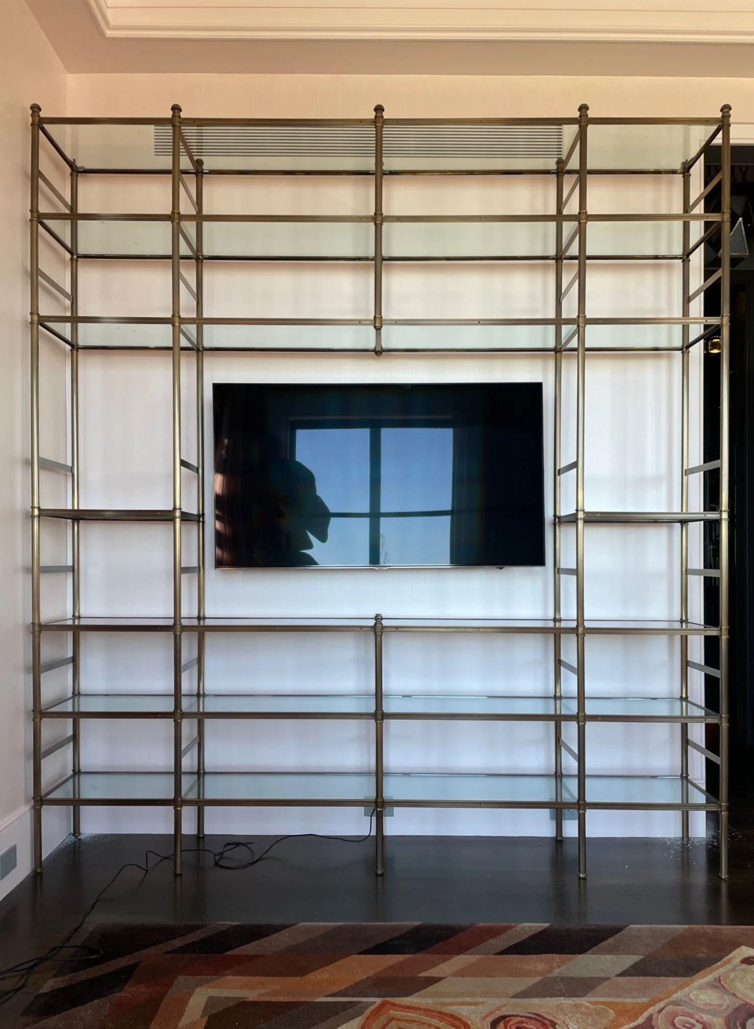 Cole-Porter-TV-Etagere-Glass Shelves-Patinated-Brass-Frame-Frederick-Victoria-Son.JPG