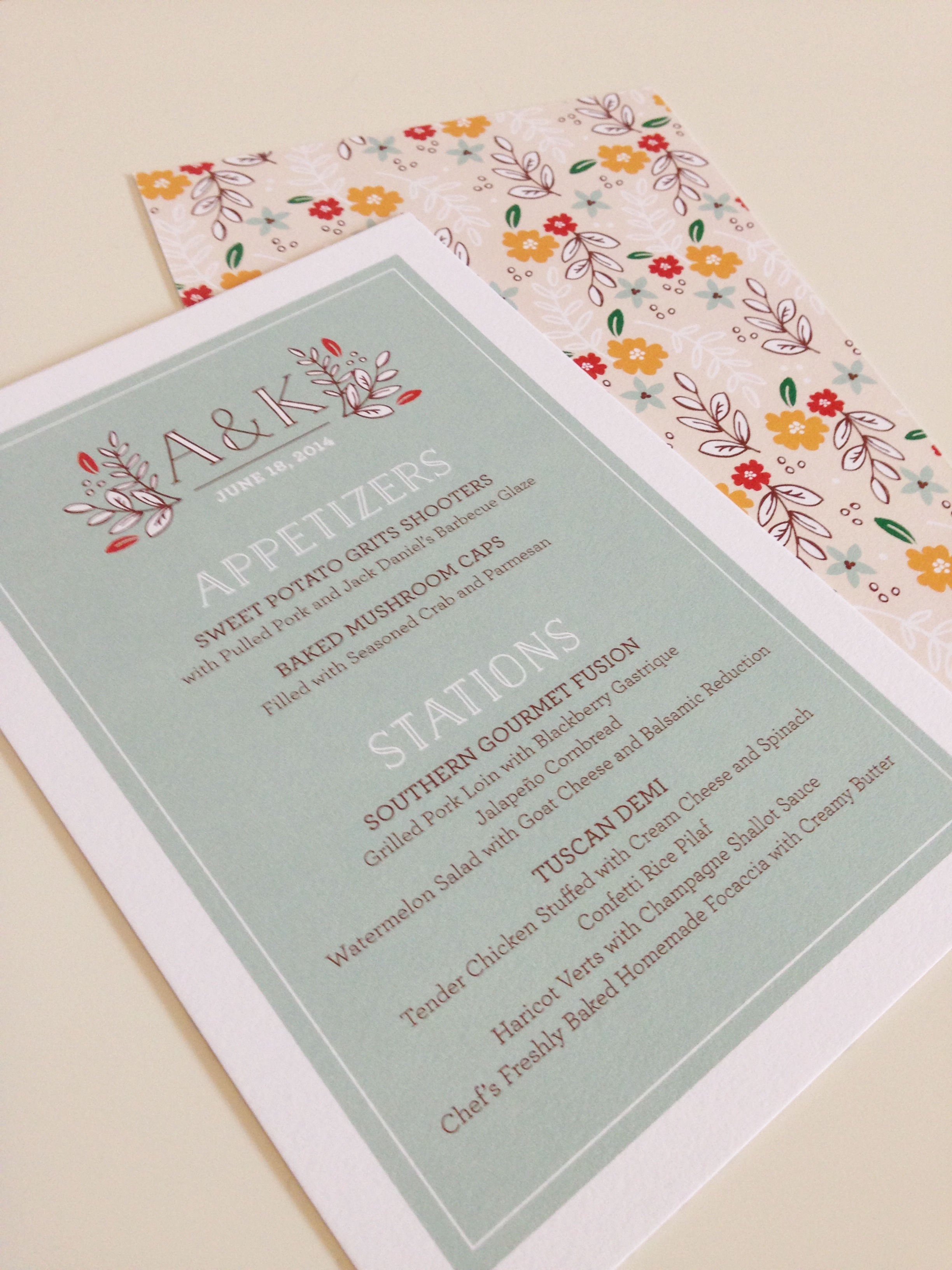 Up close and personal with the menus I created for the event on super-yummy cotton paper. See...the backs are where all the fun is going on!