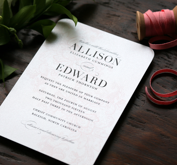 The Soft Floral Lace invitation printed on Shimmer paper.