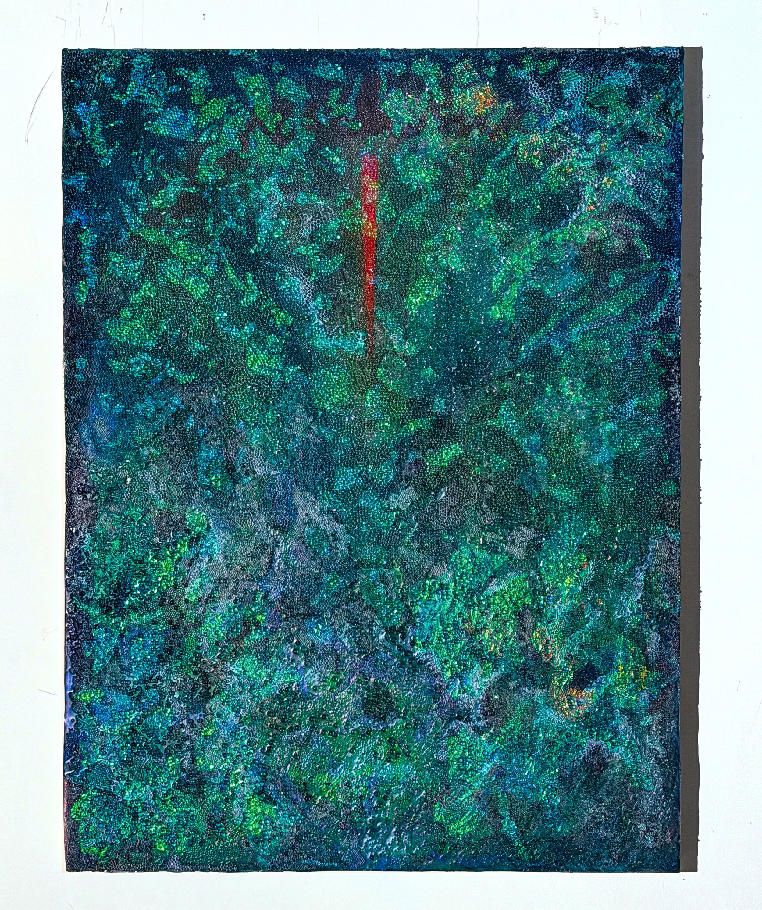 Forest Listening, 2026, Glass microspheres, pigment, resin, ink, dichroic film on linen mounted to panel, 36” x 48"
