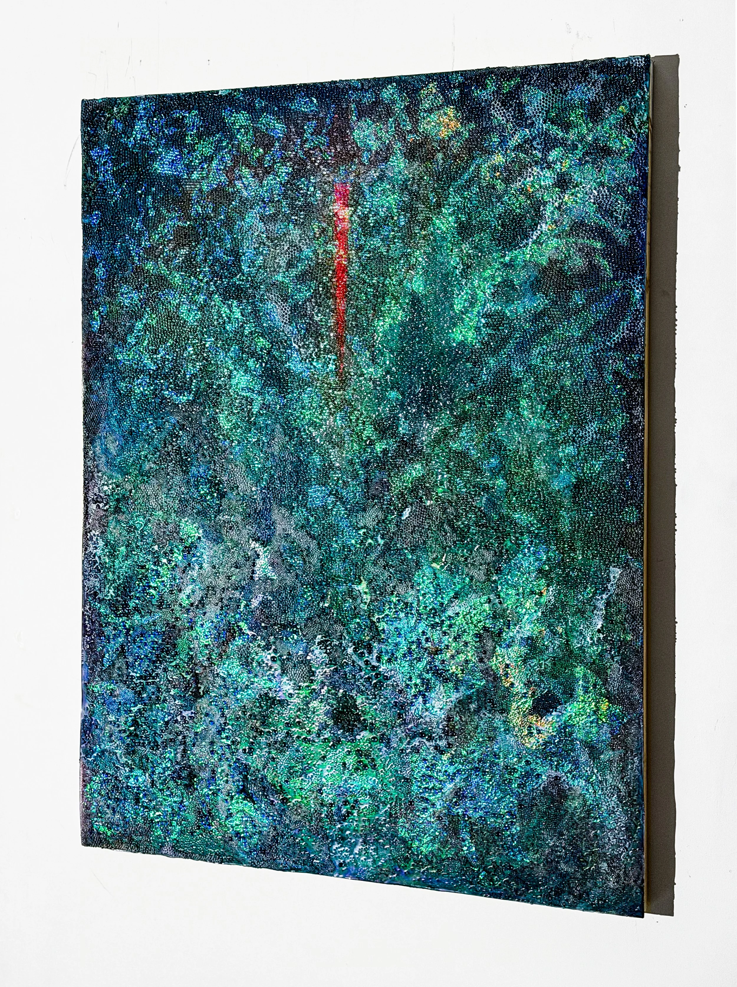 Forest Listening, 2026, Glass microspheres, pigment, resin, ink, dichroic film on linen mounted to panel, 36” x 48"