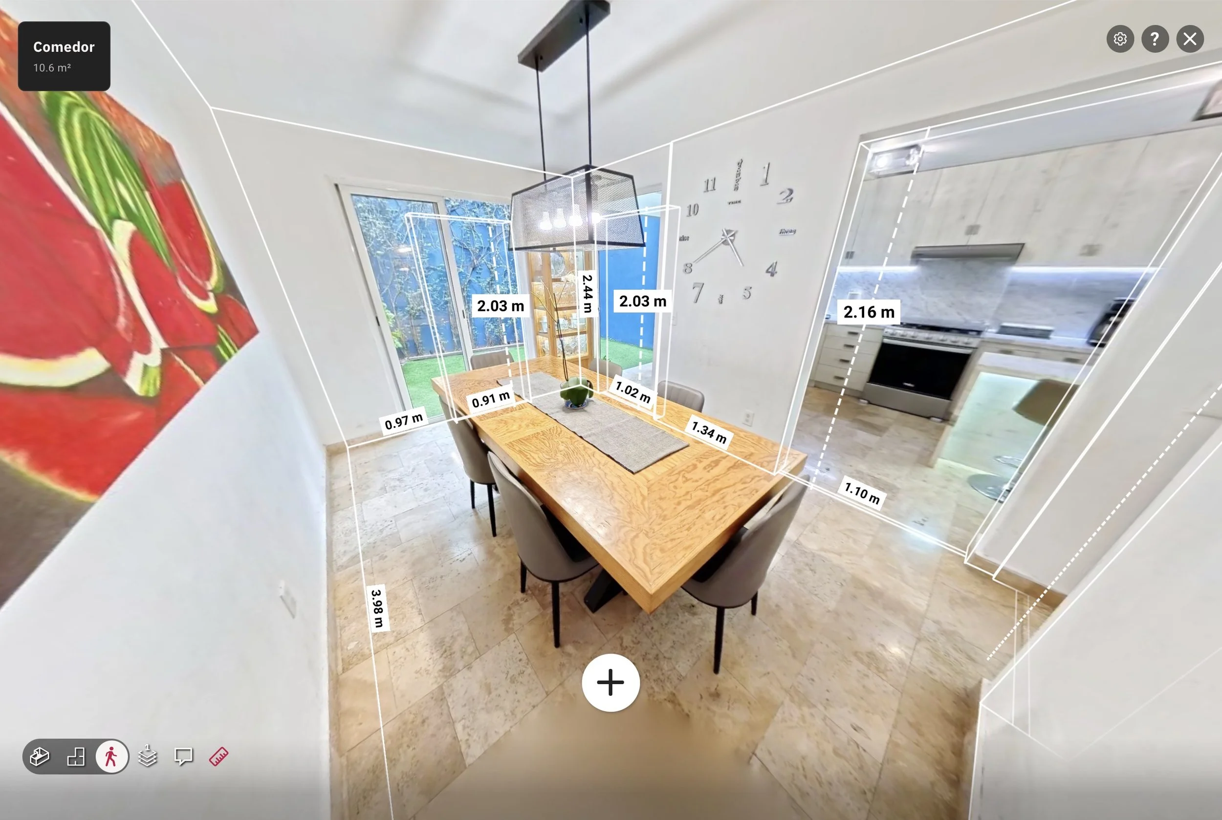 Plano interactivo con medidas de comedor, cocina y áreas interiores obtenido mediante recorrido virtual 360 Matterport para propiedades en Ciudad de México y área metropolitana.