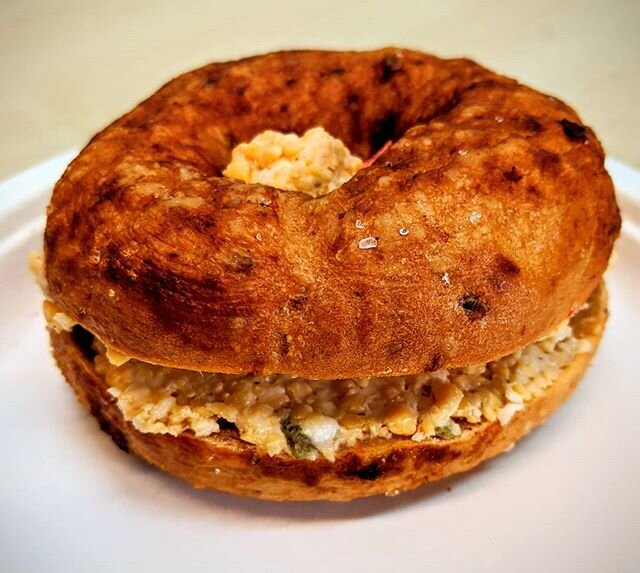 &quot;Fire in the Hole&quot; chipotle bagel, schmeared with our house made pimiento cheese. Spicy, smoky, creamy, chewy, crispy, lovely.