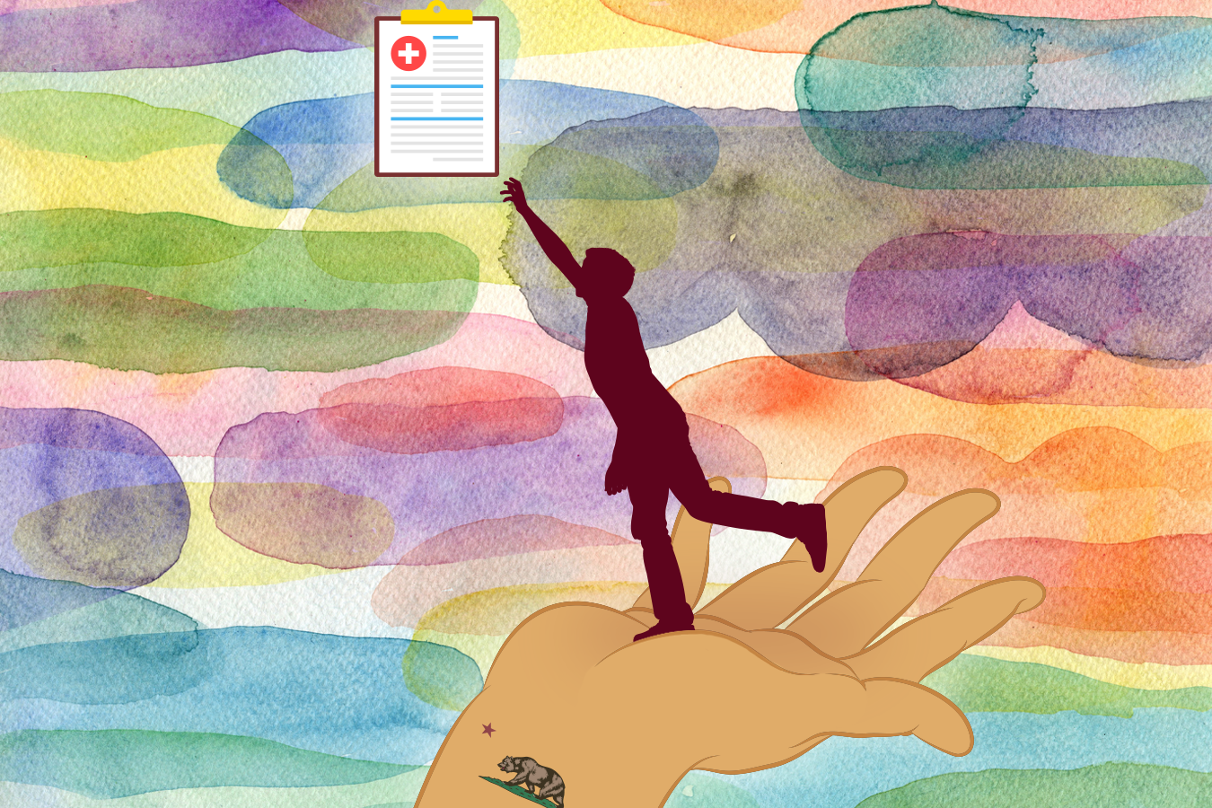 Gov. Gavin Newsom wants to help an estimated 850,000 Californians pay their health insurance premiums and would fund his plan with a tax penalty on people who don’t have coverage. (Lydia Zuraw/California Healthline illustration; Getty Images)
