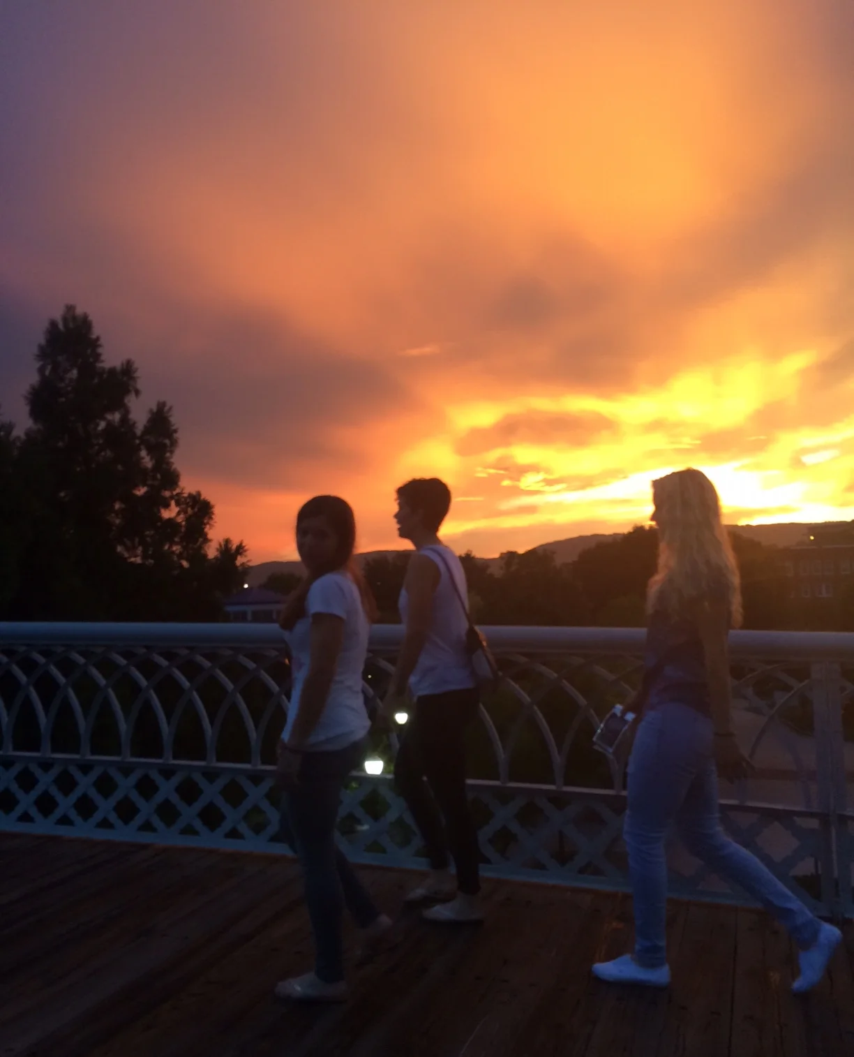 Anna, Rachel, and Mango on the pedestrian bridge in Chattanooga, birthday night celebration!