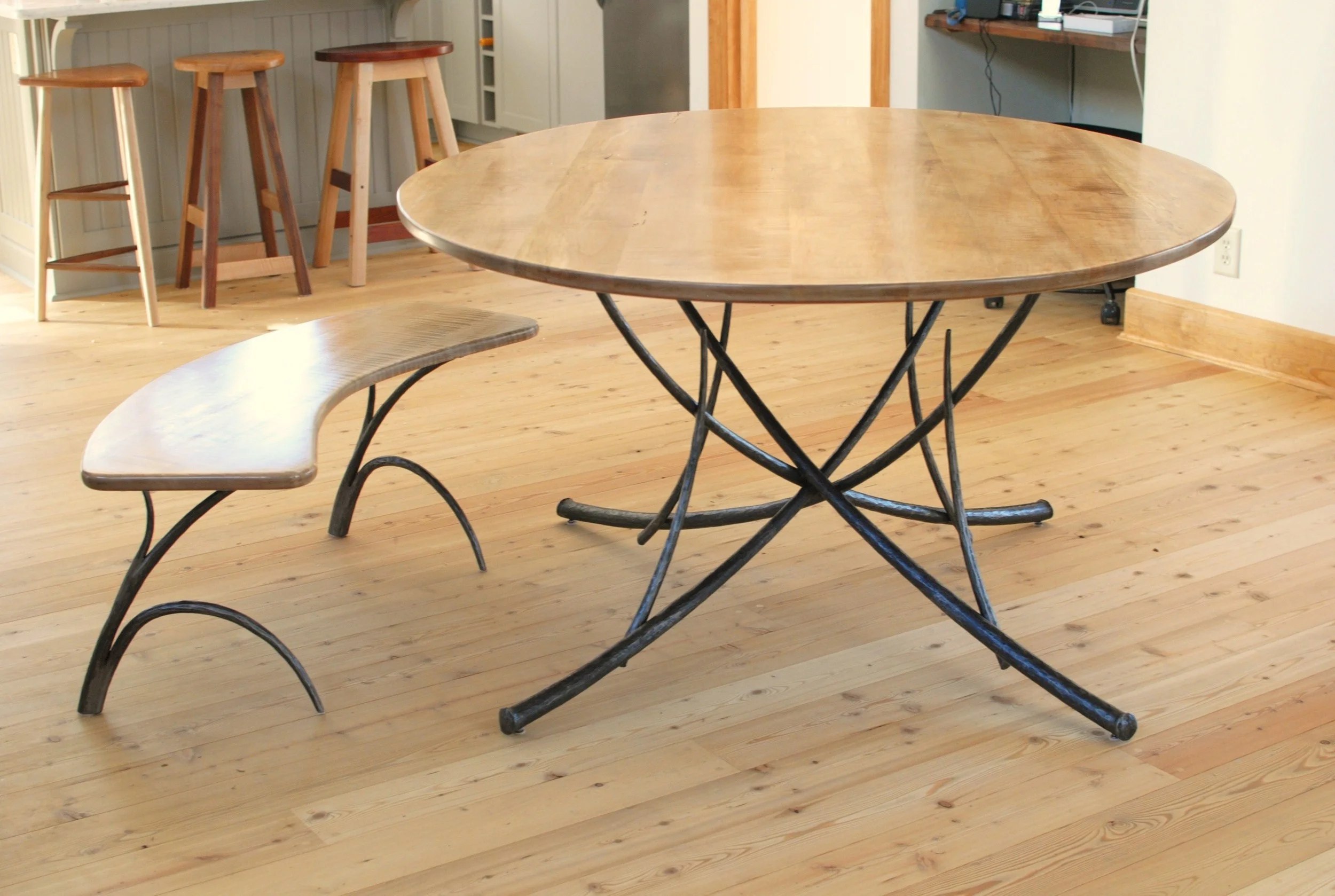 Woodlands dining table & bench with forged steel bases