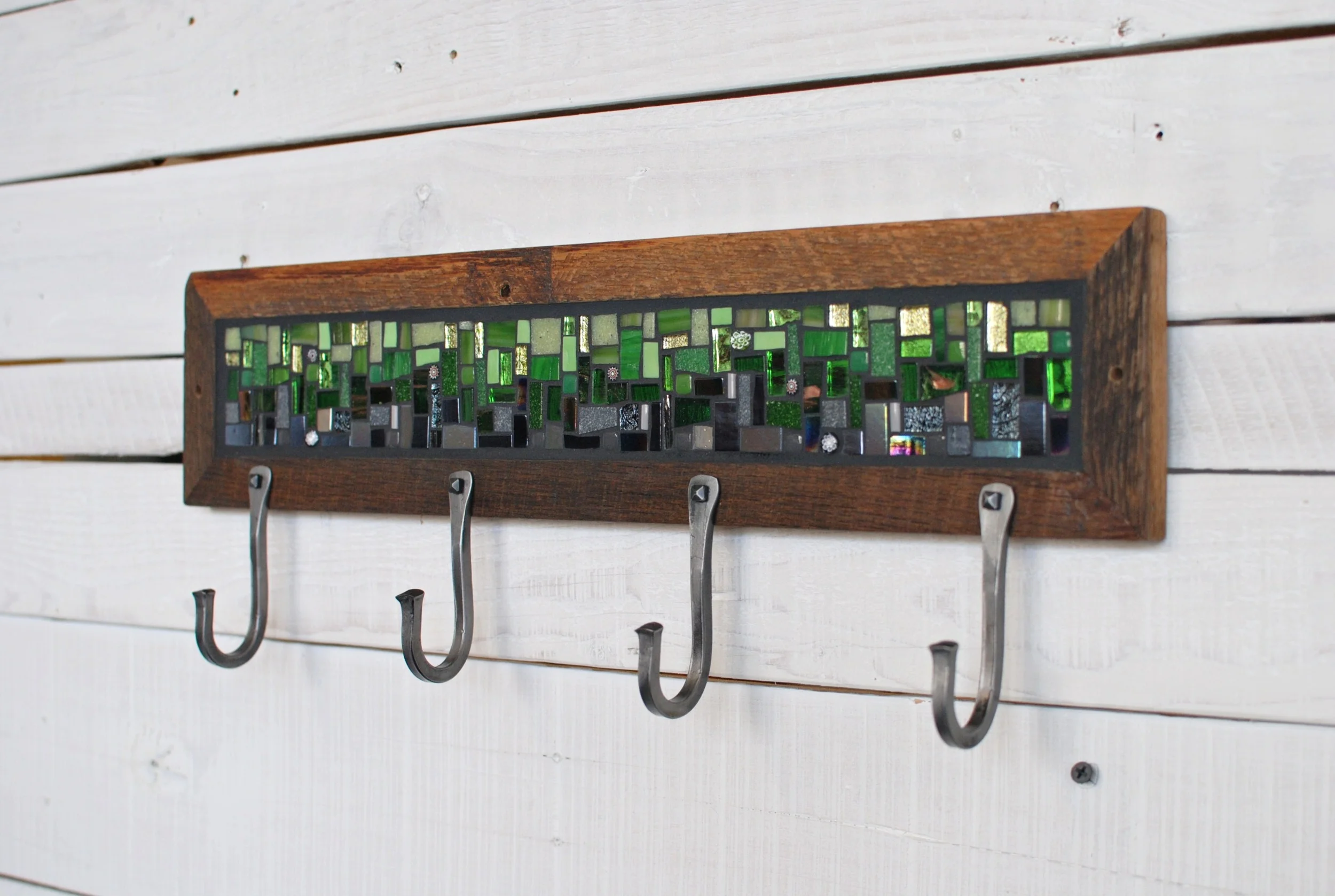 Mosaic Coat Rack with Hand-Forged Hooks
