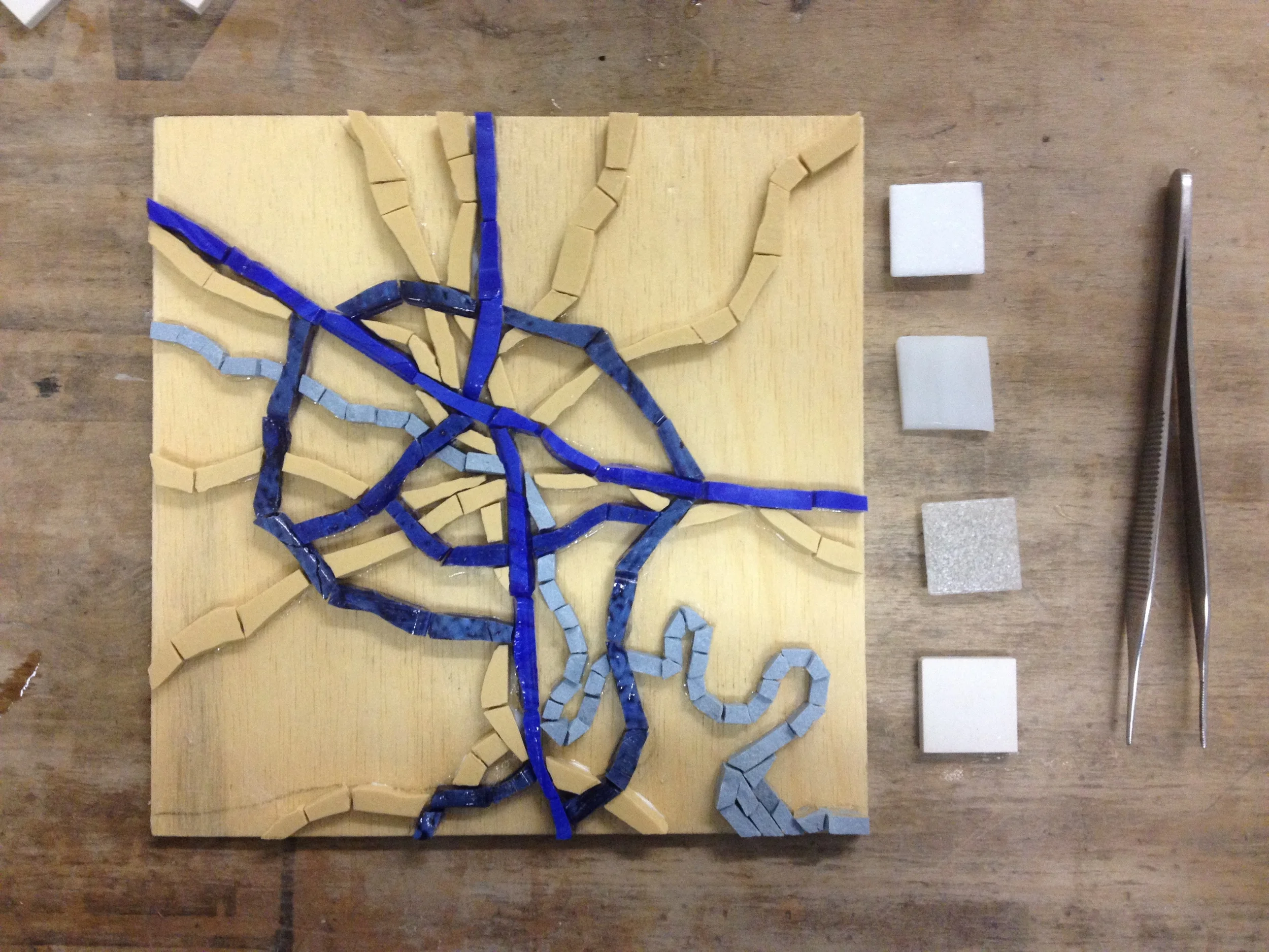 The first piece in the series is a roadmap of the metropolitan Richmond region. I wanted to create a look somewhere between the Google map we know today, and a classic road map. The four tiles on the right are background color options. The top three are glass. I ended up going with the unglazed porcelain at the bottom.