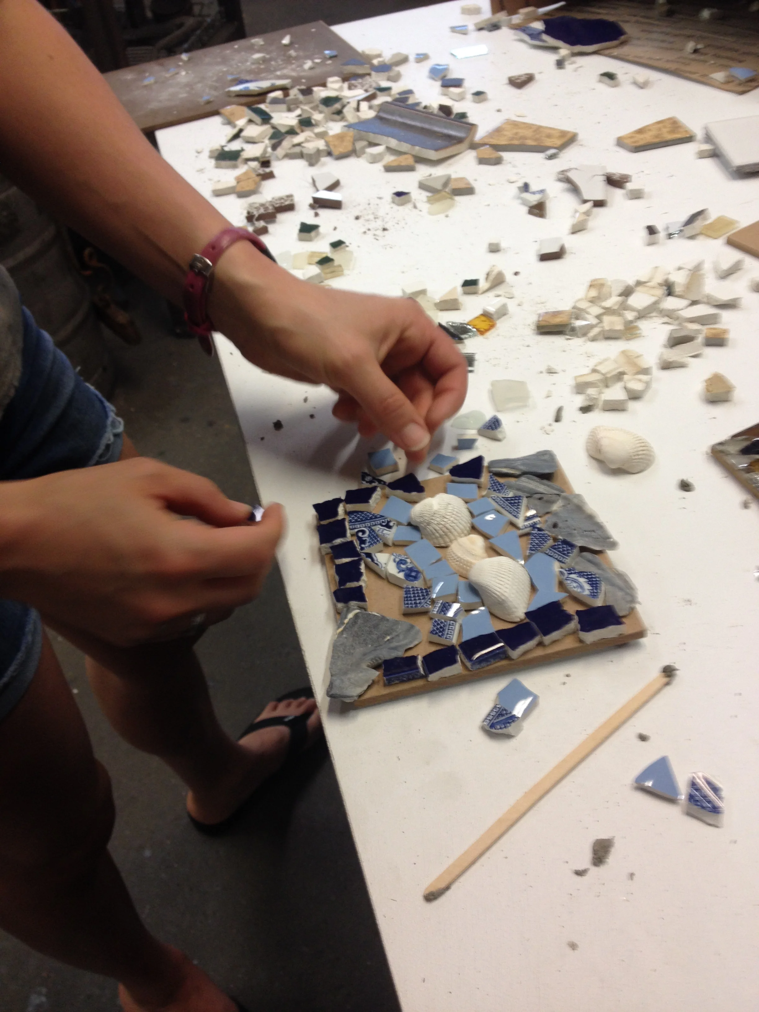 We worked in the same spontaneous style Johannah used at Art 180. This is a fun, low-key way to learn the language, tools, and materials of mosaic for the first time.